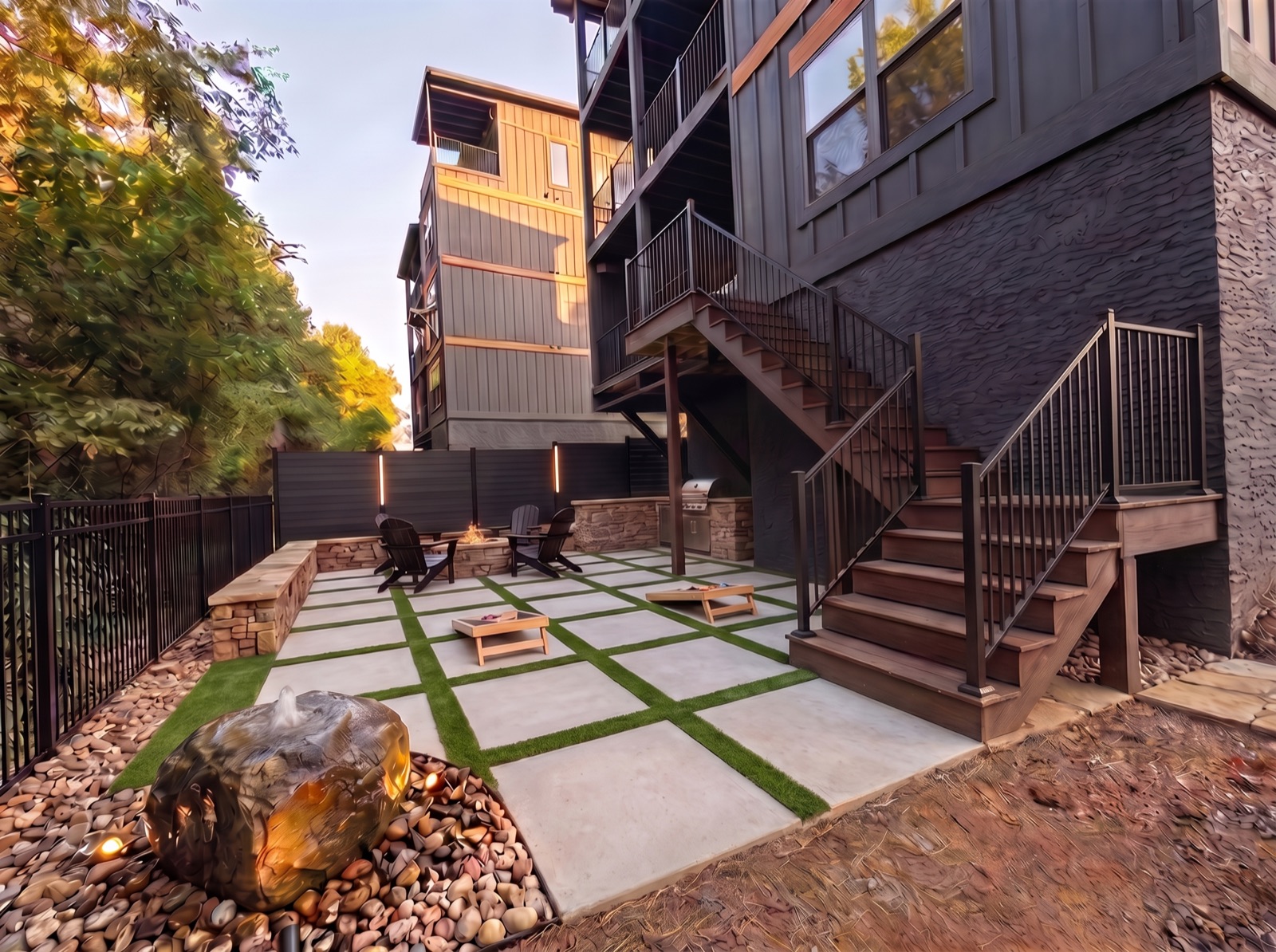 Design rendering of a concrete and turf grid surface with cornhole boards